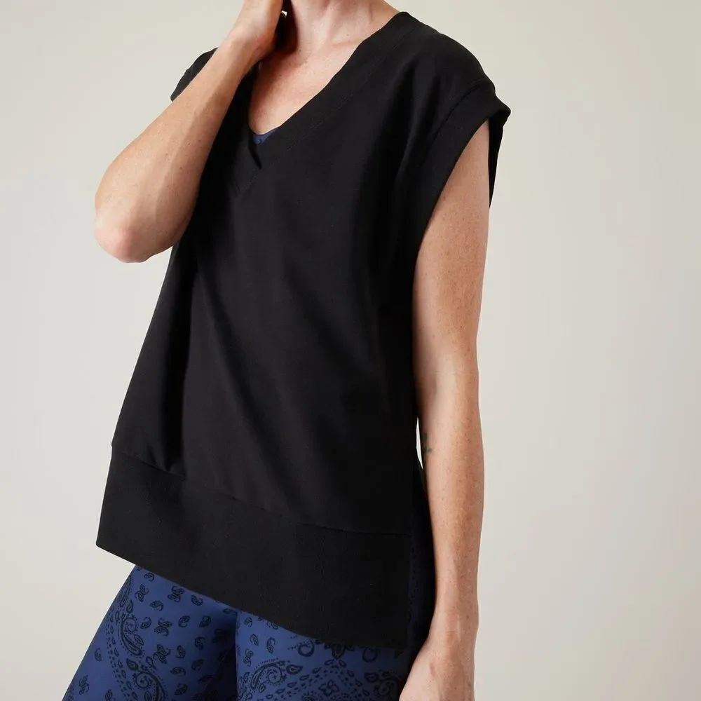 Athleta Black Retroterry V-Neck Sleeveless Oversized Sweatshirt Size Small